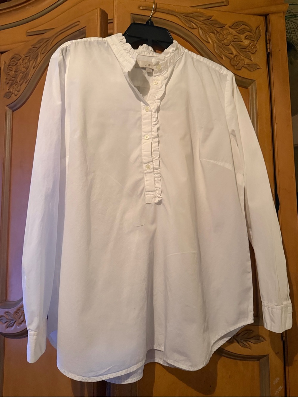 LOFT White Ruffle-Placket Button Down Shirt